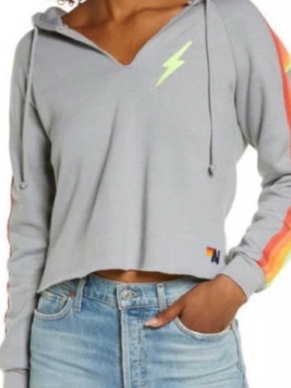 Aviator Nation Grey Split-Neck Bolt Cropped Hoodie. Neon ⚡️ (M)